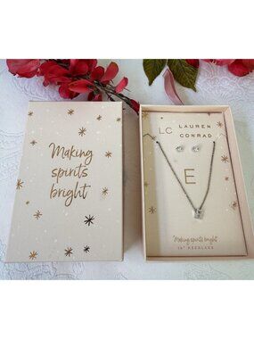 LC Lauren Conrad Initial E Silvertone Necklace Stud CZ Earring Set Gift Box 16"